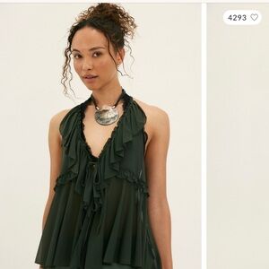 Free People Dark‎ Green Ruffle Blouse